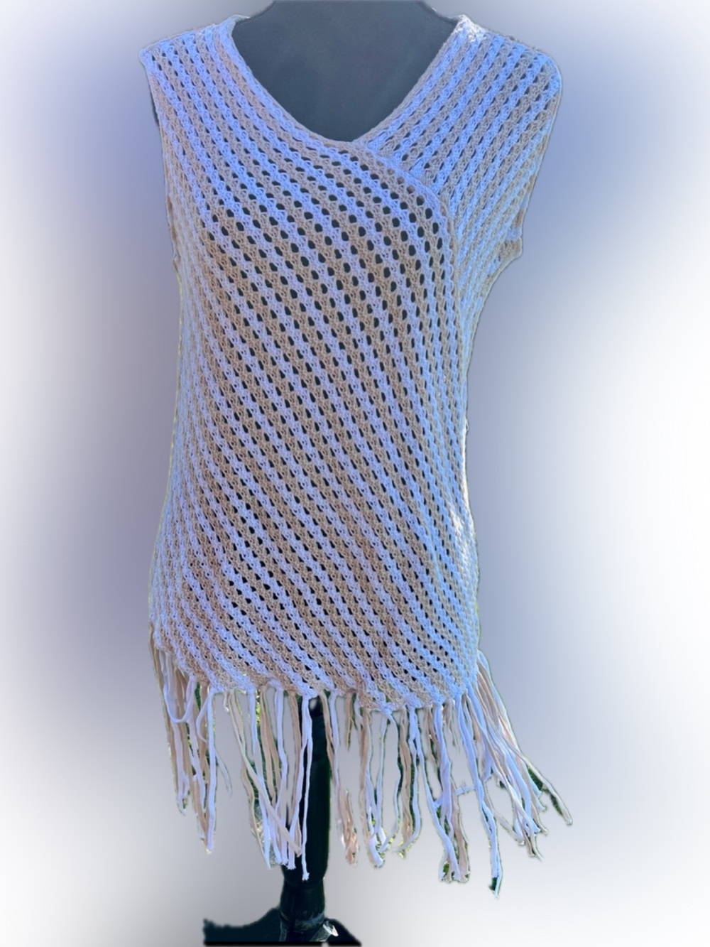 David Meister Cotton Diagonal Crochet Fringe Tunic Tank Top Boho Beach Knit L
